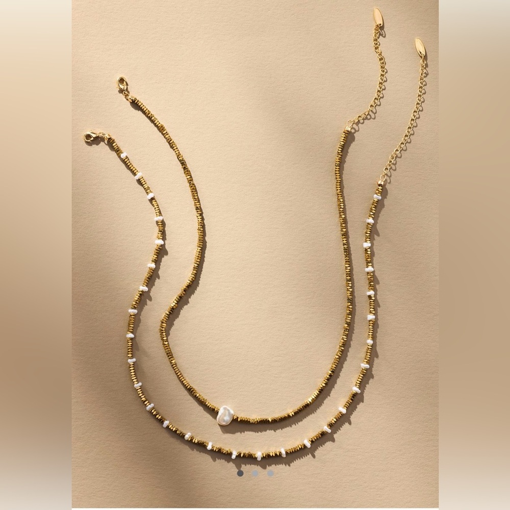 Anthropologie Gold Beaded Pearl Necklaces, Set of 2